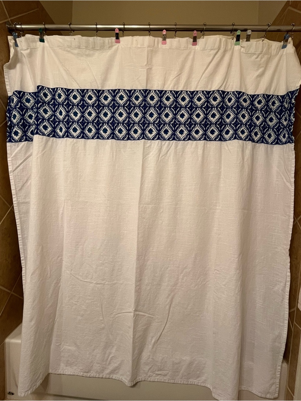 Threshold White with Blue Tile Embroidery Shower Curtain - Small Stains